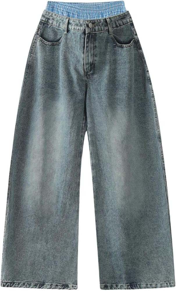 Aelfric Eden Double Waist Loose Sagging Jeans Baggy Denim Pants High Waist Stretchy Straight Wide... | Amazon (US)