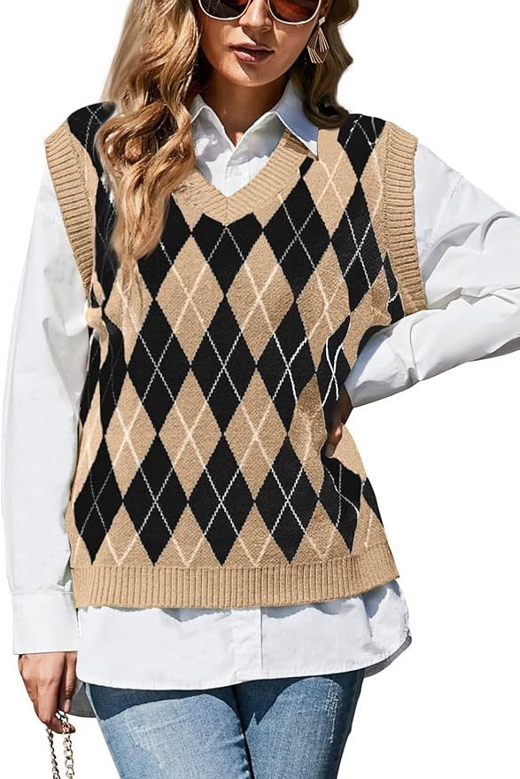 HOCOSIT Women's V Neck Argyle Plaid Preppy Style Knit Sweater Vest College Sleeveless Crop Knitwe... | Amazon (US)
