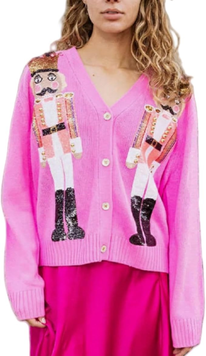 Women Sparkles Nutcracker Cardigan Christmas Button Down Sequin Sweater Ugly Xmas Open Front Knit... | Amazon (US)