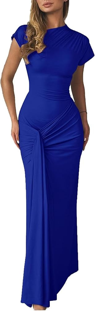 Mojessy Women Bodycon Maxi Dress Sexy Mock Neck Lace Up Bandage Ruched Short Sleeve Long Dress Co... | Amazon (US)