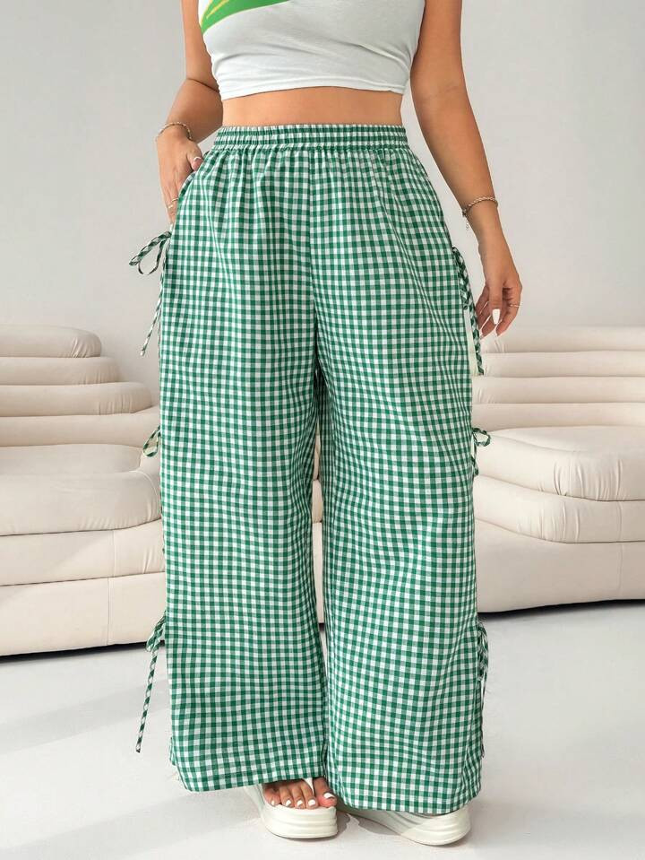 Solflare Plus Size Green Plaid Tie-Up Pants, Fashionable For Summer | SHEIN
