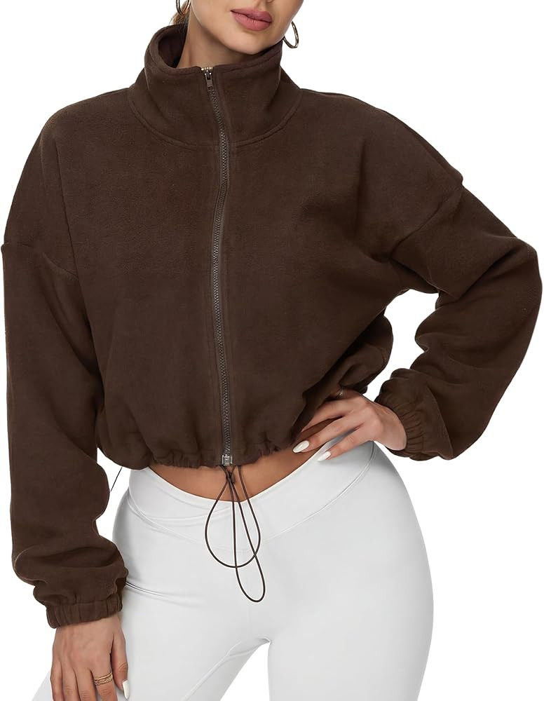 Cuffbow Women Full Zip Fleece Jacket Cropped Stand Collar Jacket Long Sleeve Sherpa Coat Drawstri... | Amazon (US)