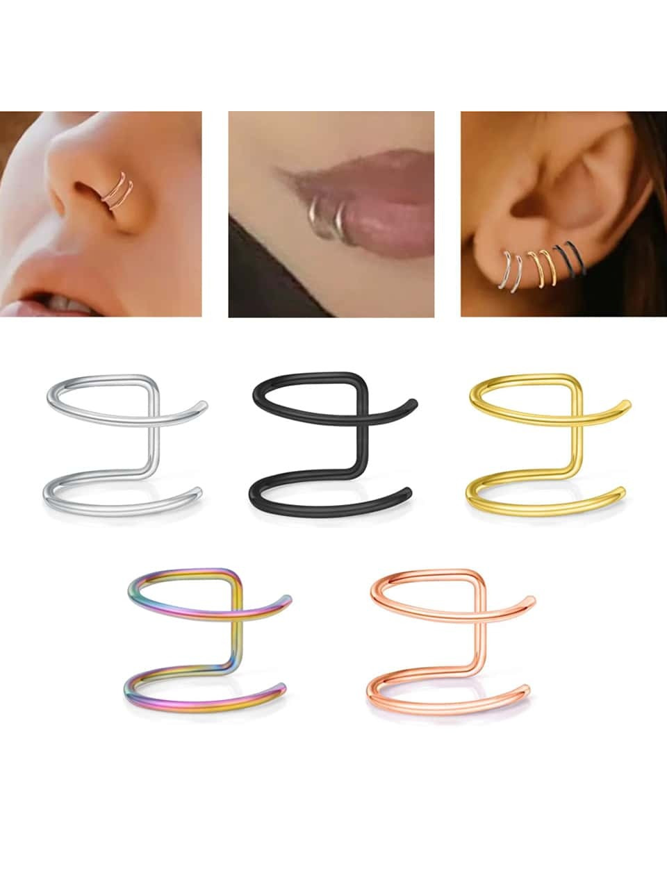 5Pcs Women's Fake Piercing Nose Ring Lip Ring Earrings Stainless Steel Non Piercing Nose Ring Bod... | SHEIN