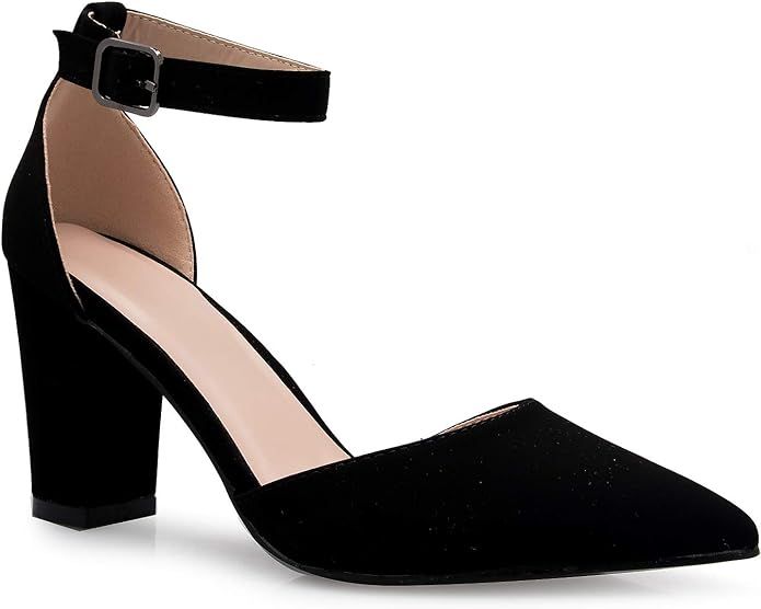 Olivia K Women's Sexy D'Orsay Ankle Strap Pointed Toe Block Heel Pump - Classic, Comfortable | Amazon (US)