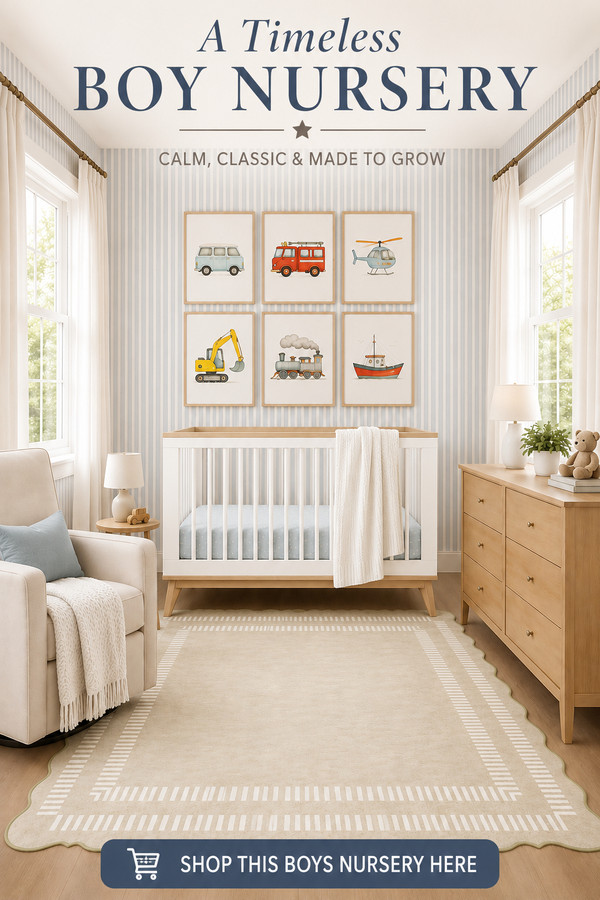 Create a cozy and timeless boys nursery with soft blue striped wallpaper, natural wood furniture, classic transportation