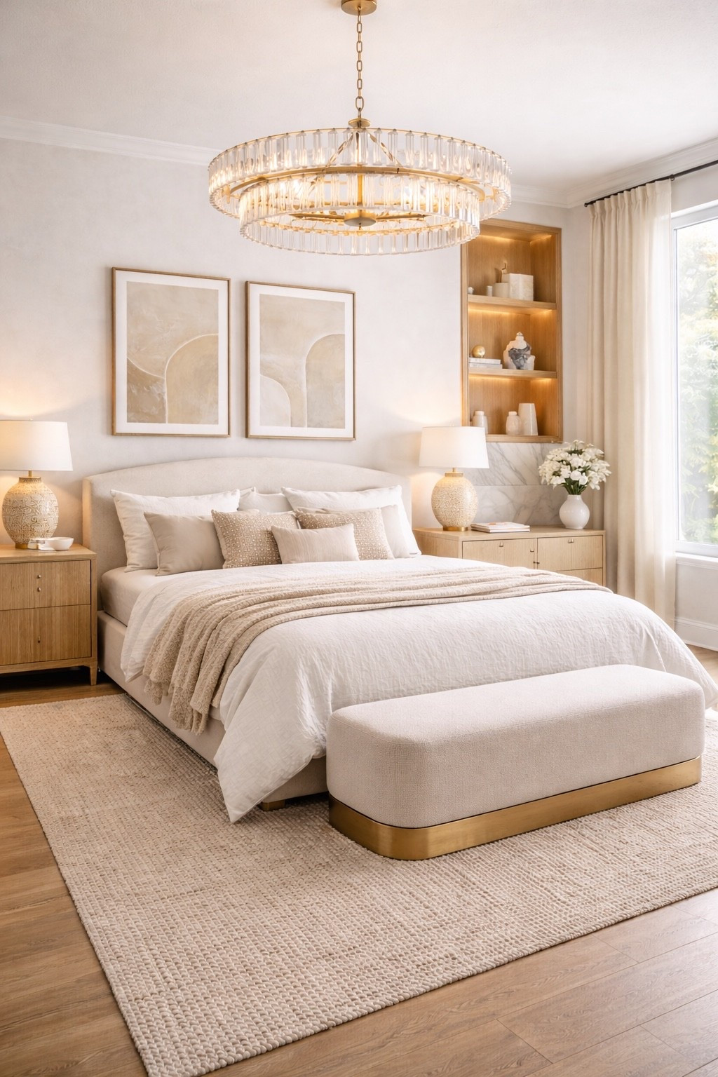 Soft and elegant bedroom design featuring a neutral upholstered bed, cozy bench with a gold base, warm wood nightstands and a statement gold chandelier. Layered beige textures, minimal wall art and warm lighting create a calm luxury bedroom atmosphere perfect for modern and cozy home inspiration.

#modernbedroom
#neutralbedroom
#bedroomdecor
#cozybedroom
#luxurybedroom
#neutraldecor
#modernhome
#interiordesign
#homedecor
#bedroominspo
#minimalistbedroom
#ltkhome
#pinteresthome
#bedroomdesign
#homeinspiration