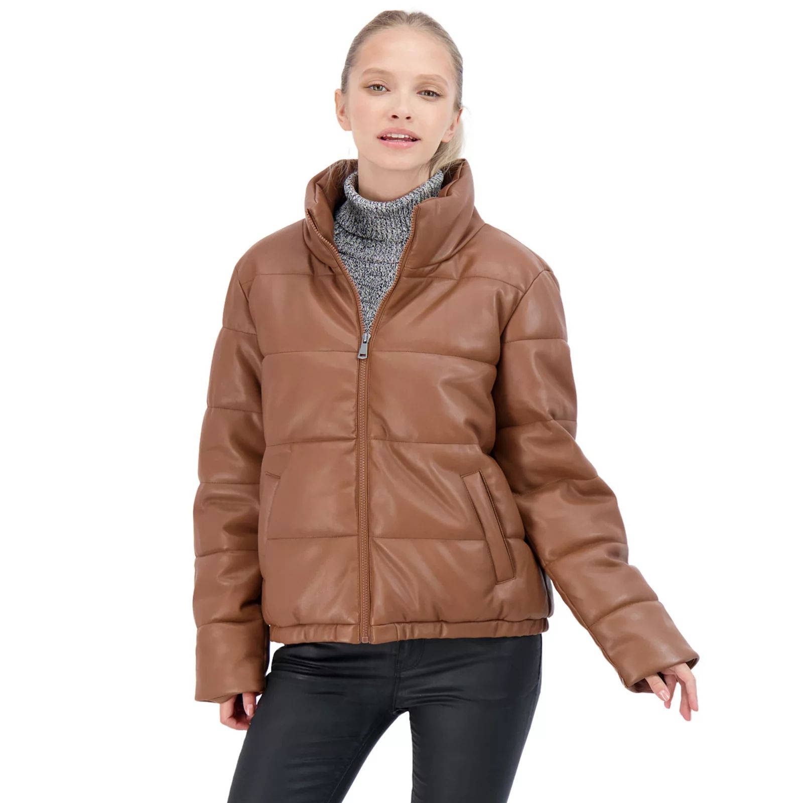 Women's Sebby Collection Faux-Leather Puffer Jacket, Size: XL, Lt Brown | Kohl's