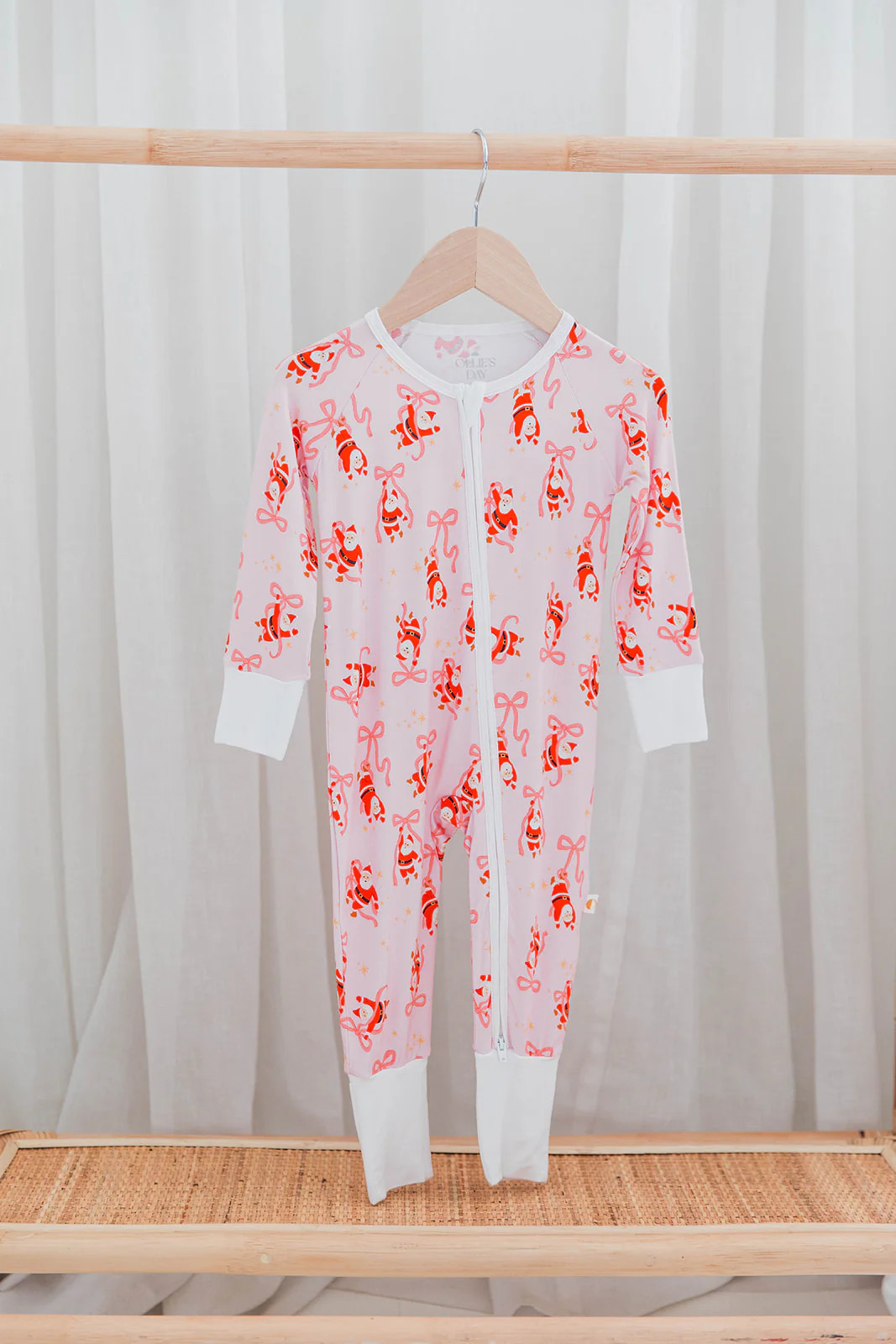 Baby Girls Christmas Loungewear Romper with Bows & Santa Print | Holiday Pajamas | Ollie's Day