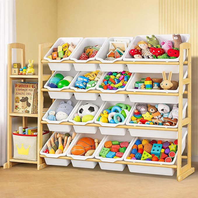 Kids Toy Storage Organizer with Bookshelf – Wooden Shelf with 16 Bins & 3 Shelves, Quick Assemb... | Amazon (US)