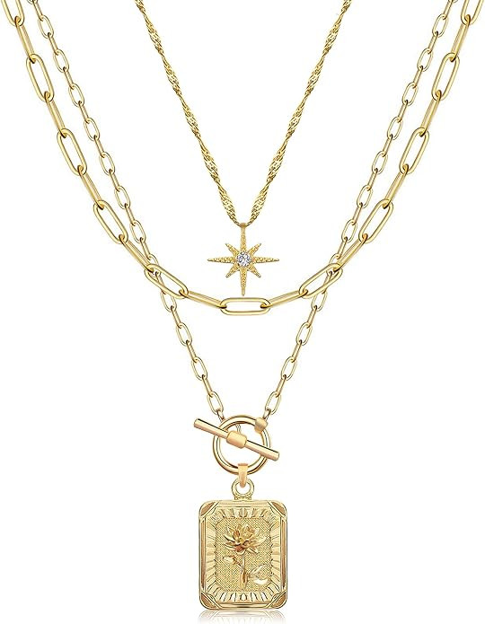 MJartoria Layered Necklaces for Women, 14K Gold Plated Brass | Amazon (US)