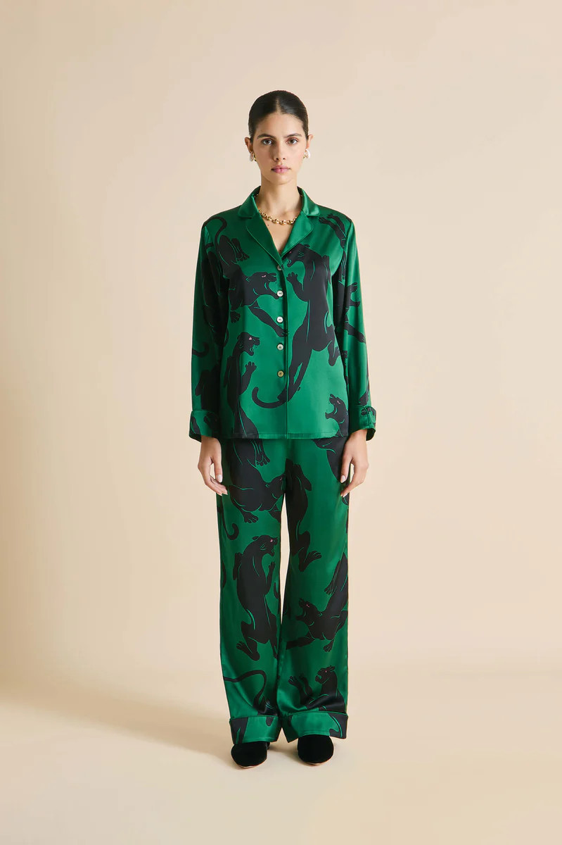 Lila Poiret Green Panther Pajamas in Silk Satin | Olivia von Halle