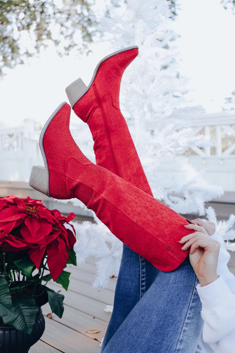 Steppin' Out Rhinestone Knee High Boot - Red | Whiskey Darling Boutique