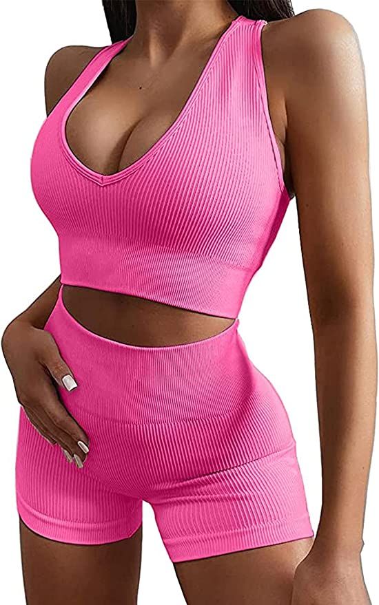 Micoson Womens Seamless Workout Sets Two Piece Exercise Outfits Ribbed Racerback Activewear Sets | Amazon (US)