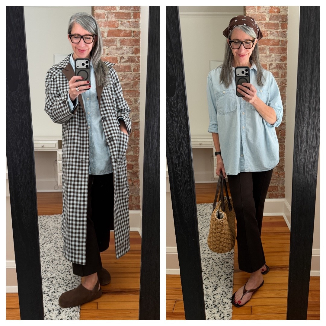 #ComfortableGirlSpring — one outfit. two seasons.

New York is finally warming up. Sort of.

The base stays the same — chambray shirt, Delaney pants, both regulars in this series because I actually re-wear my clothes.

Coat comes off, clogs swapped for brown jelly flip flops, sleeves get rolled, bandana goes on. Four moves. Same clothes, completely different outfit.

This is what the right pieces do. Not more clothes — better ones.

#LTKgrwm #LTKOver40 #LTKootd