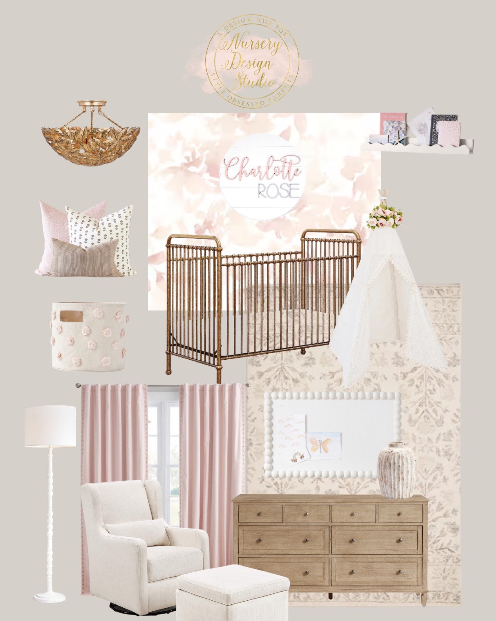 Such a pretty baby girl’s pink nursery with a timeless and elegant look

Pink wallpaper, floral wallpaper, pink blackout curtains, gold crib, nursery dresser, gold nursery light, baby teepee, beige rug 

#LTKbaby #LTKhome #LTKbump