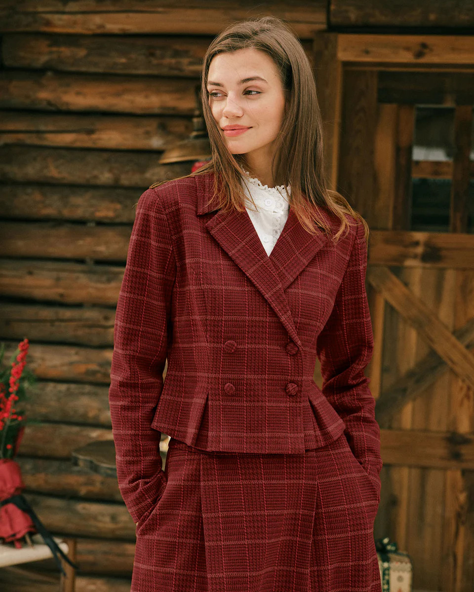 Red Plaid Double Breasted Jacket | rihoas.com