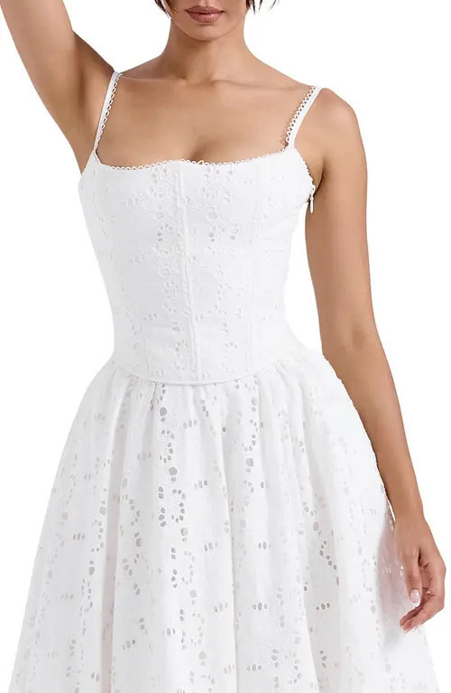 HOUSE OF CB Lorina Broderie Anglaise Lace Up Corset in Cloud Dancer at Nordstrom, Size Medium | Nordstrom