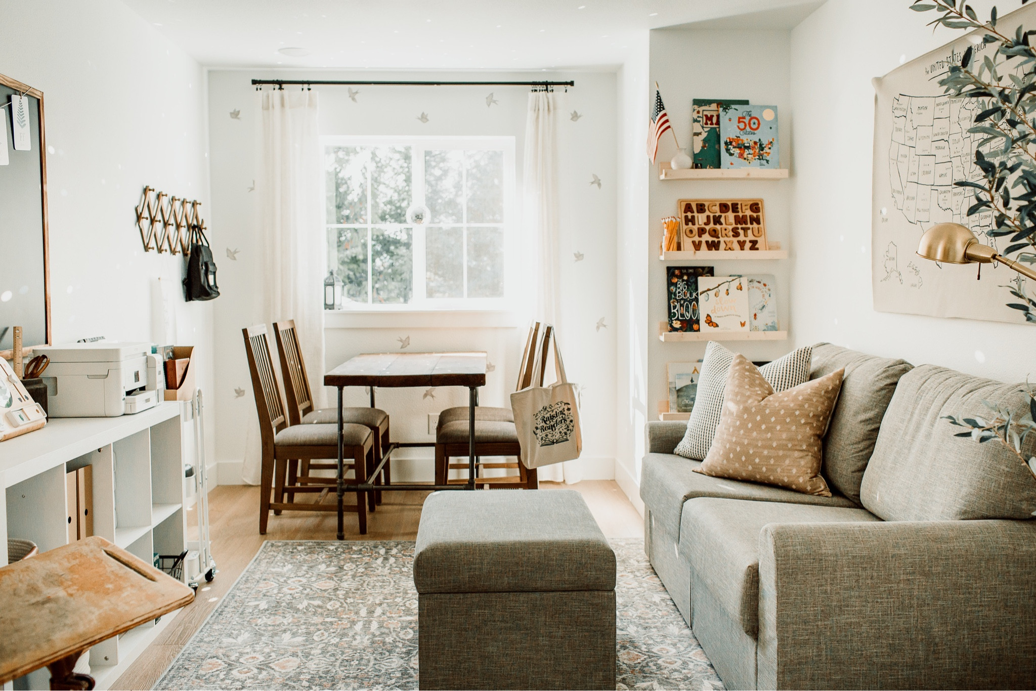 Our finished school room ✨Our sofa is from Home Reserve and our rug is from Tumble (Olivia in Ash/Multi)
