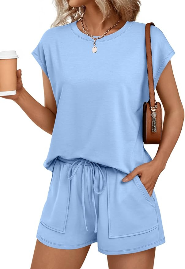 AUTOMET Womens Crew Neck Two Piece Short Sets Cap Sleeve Drawstring Summer Sweatsuit with Pocket | Amazon (US)