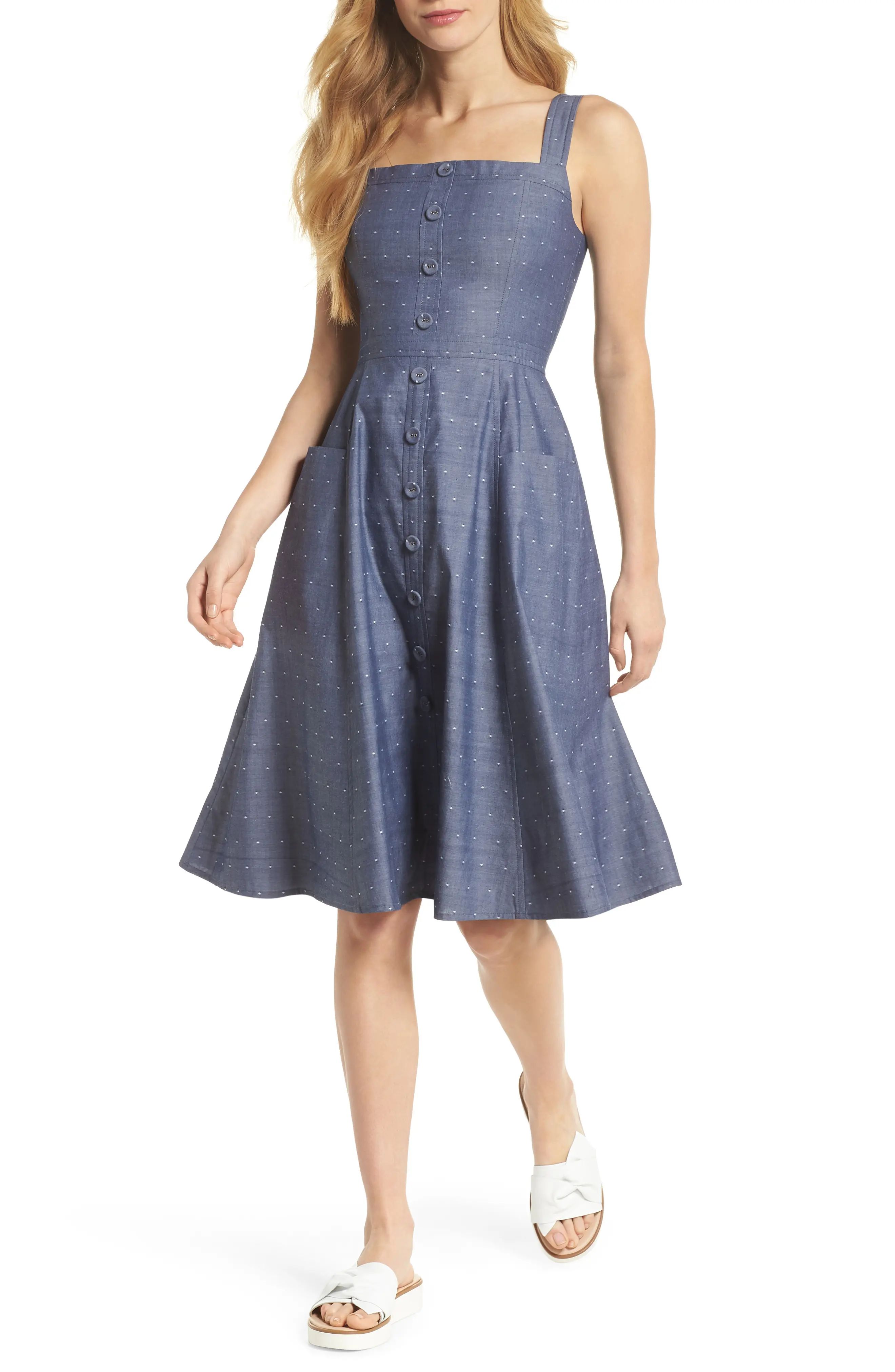 Gal Meets Glam Collection Riley Dot Chambray Fit & Flare Sundress | Nordstrom