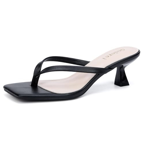 Goderci Kitten Flip Flop Thong Low Heels for Women Square Open Toe Slip On Heeled Sandals(8,Black) | Amazon (US)