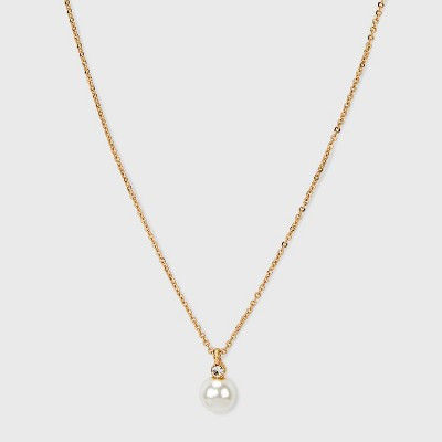 Glass Pearl Pendant with Cubic Zirconia Chain Necklace - A New Day™ Gold: Singapore Style, Lobster Claw Clasp, Steel & Brass | Target