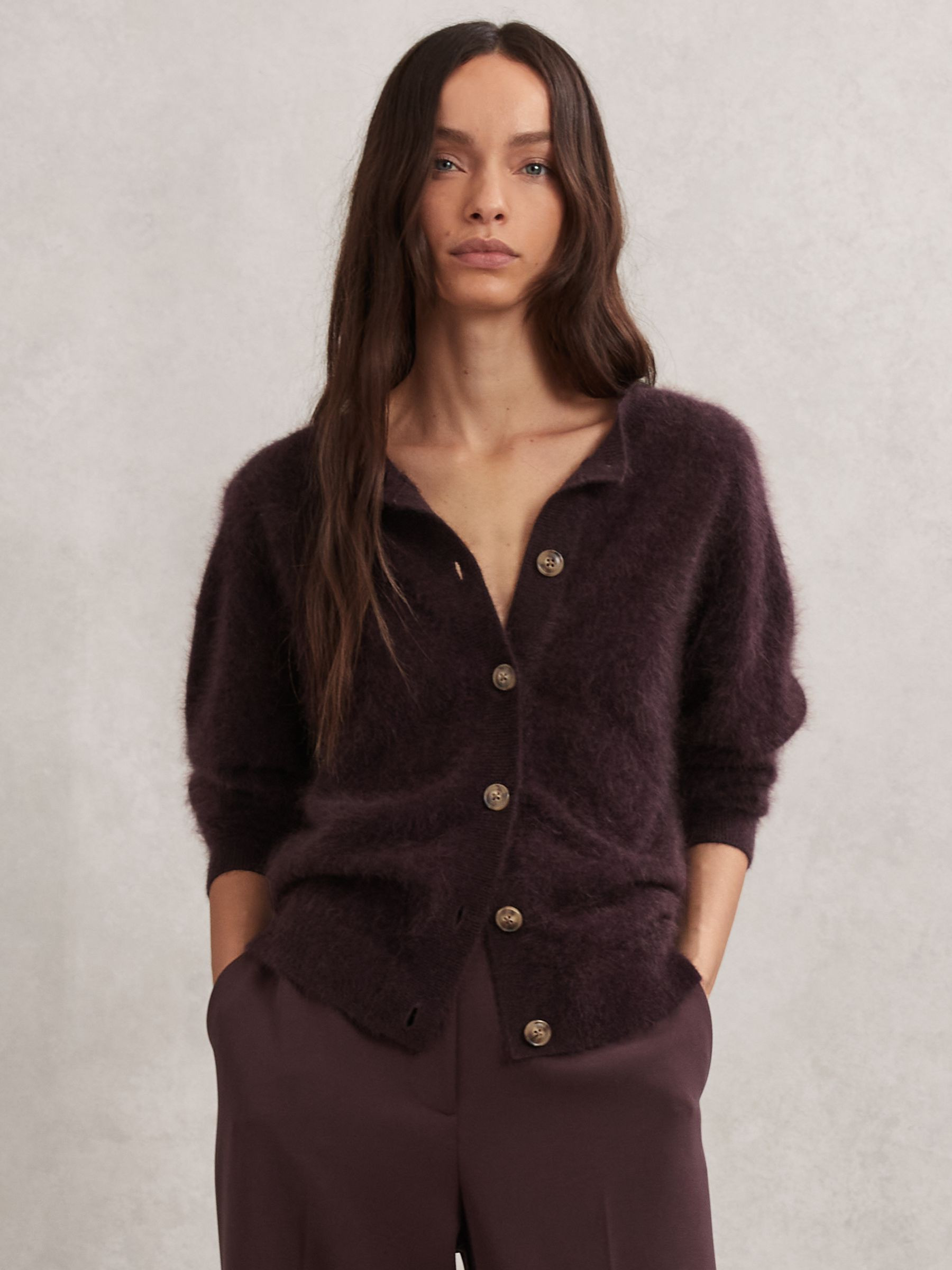 Reiss 100% Brushed Cashmere Cardigan in Burgundy - REISS | Reiss UK