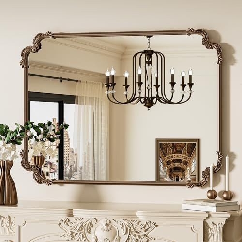 TETOTE Baroque Gold Antique Brass Scroll Wall Mirror 40 x 30 Vintage Rectangle Framed Baroque French Rectangular Mirror for Mantle Fireplace Bathroom Living Room, Horizontal/Vertical | Amazon (US)