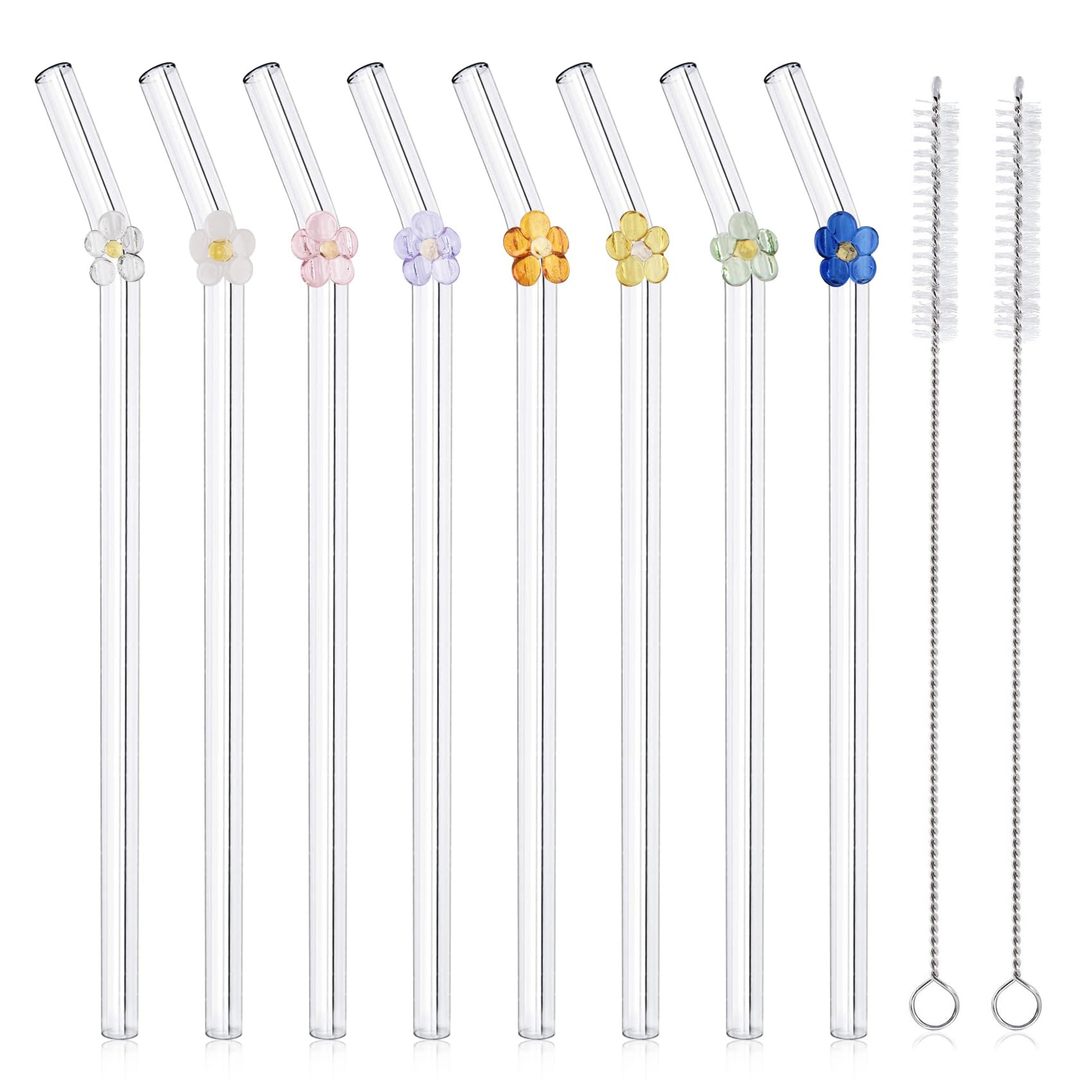 8 Pack Reusable Glass Straws with 2 Cleaning Brushes, Cute Colorful Flower Glass Straws Shatter R... | Amazon (US)