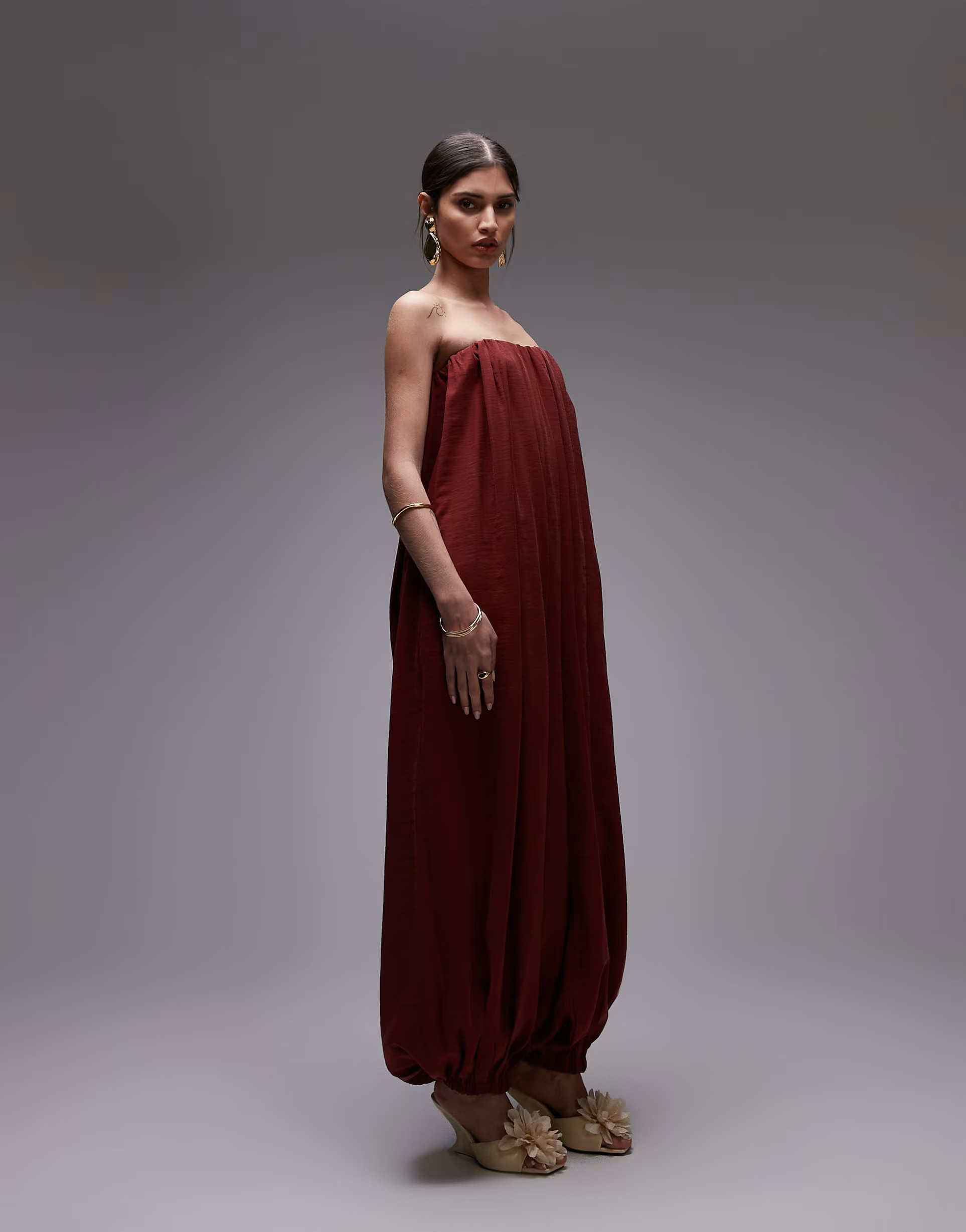 ASOS DESIGN modal bandeau bubble hem jumpsuit in brick red | ASOS | ASOS (Global)