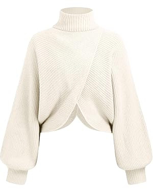 CIDER Cropped Sweaters for Women Turtleneck Sweater Long Sleeve Ribbed Knit Lantern Sleeve Pullov... | Amazon (US)