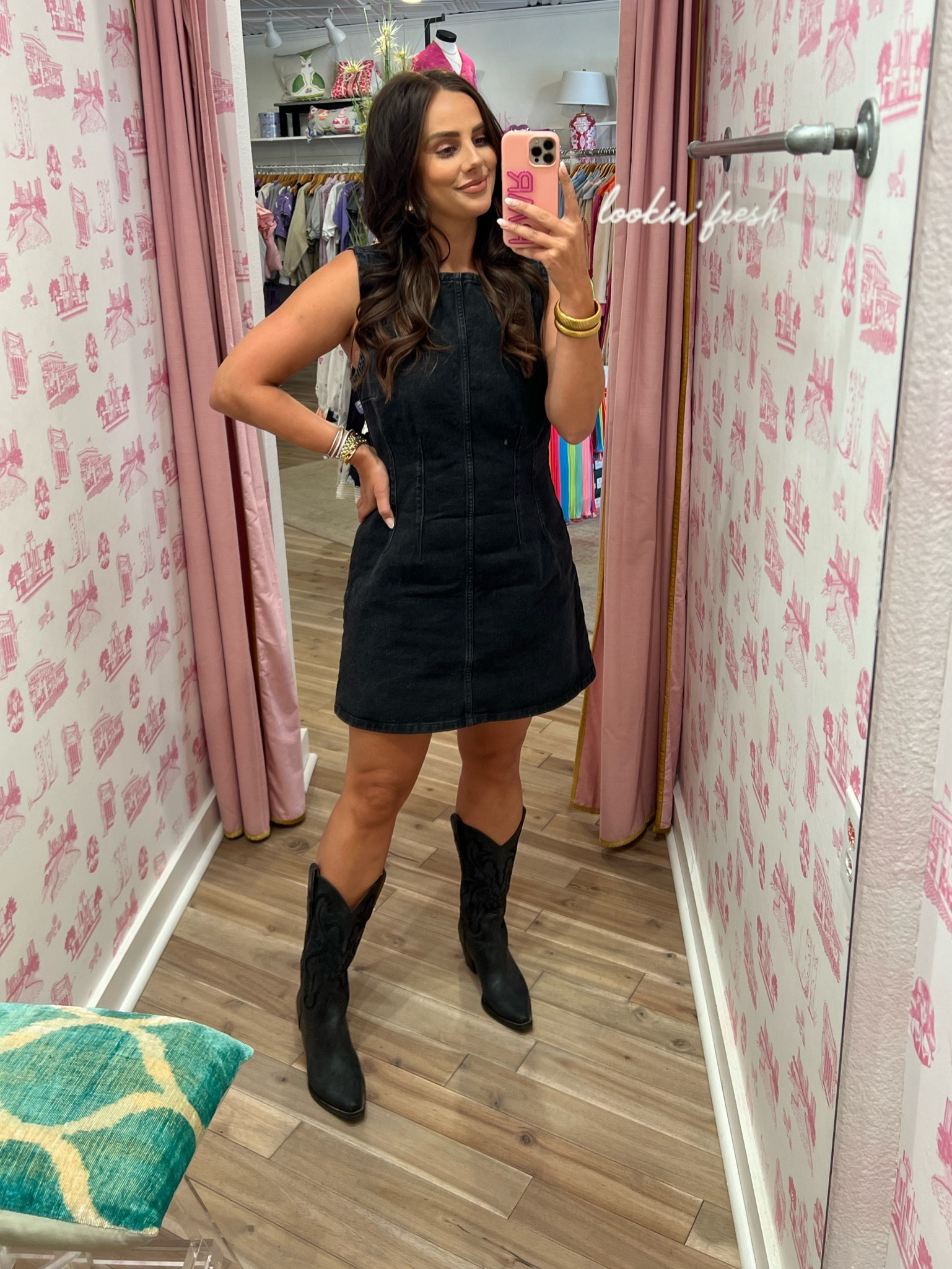 Denim dress. Church outfit. Black dress. Dress with boots. Cowboy boots. Western outfit. Abercrombie and Fitch. Church dress  

#LTKfindsunder100 #LTKmidsize #LTKshoecrush