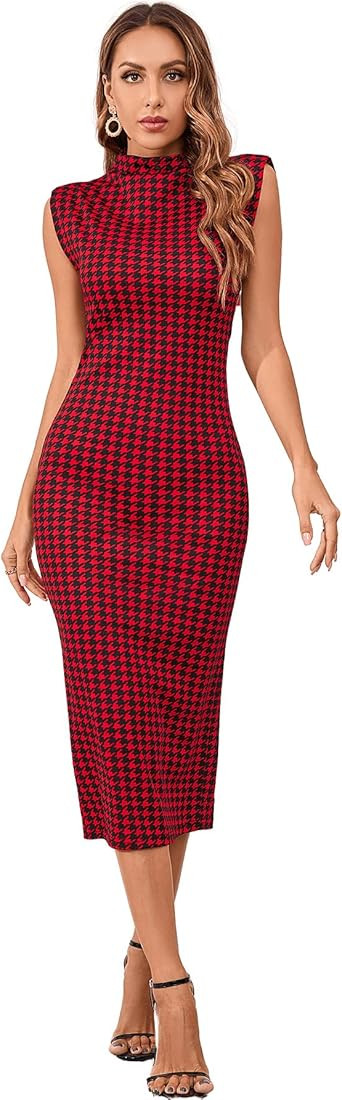 WDIRARA Women's Houndstooth Mock Neck Sleeveless Shoulder Pads Bodycon Dress | Amazon (US)
