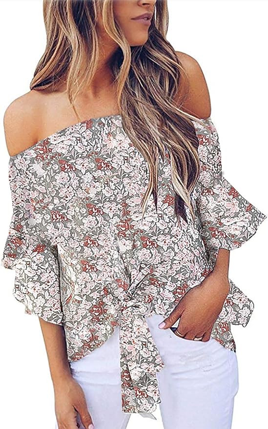 Asvivid Womens Summer Floral Printed Off The Shoulder Tops 3 4 Flare Sleeve Tie Knot T-Shirt Blou... | Amazon (US)