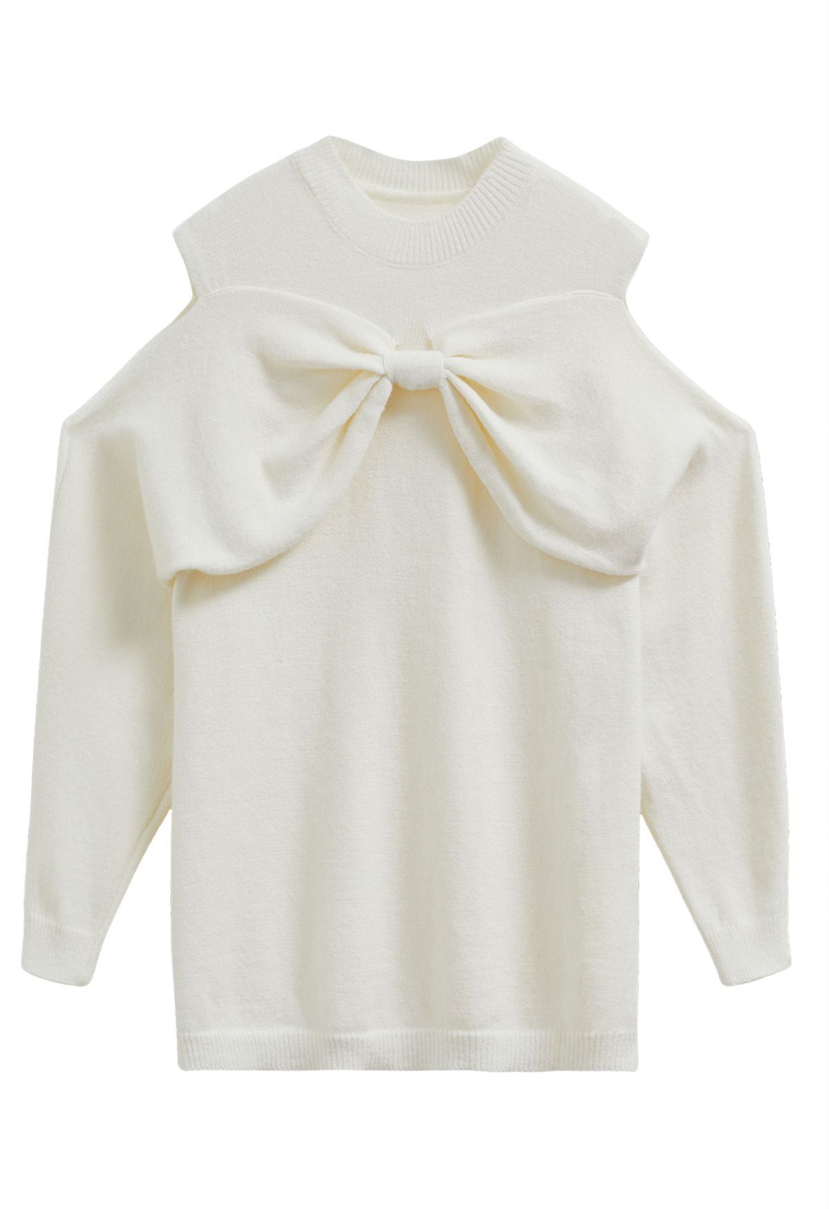 Bowknot Cold-Shoulder Knit Sweater in Cream | Chicwish