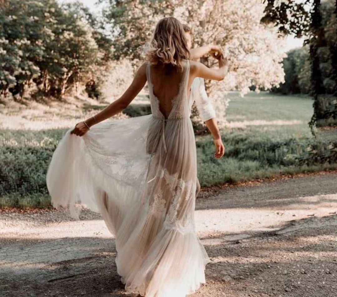 Boho Beach Wedding Dress, Illusory Lace Tulle V Neck Backless Bohemia Bridal Gown, Flattering Boh... | Etsy (US)