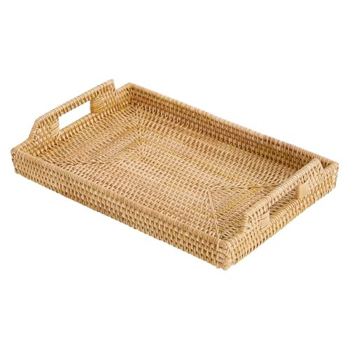 Rattan Rectangular Serving Tray with Handles, Hand-Woven Wicker Decorative Tray for Coffee Table,Vintage Boho Style Decor for Dining, Kitchen, Bathroom, Outdoor(17"x11.4"x1.9") | Amazon (US)