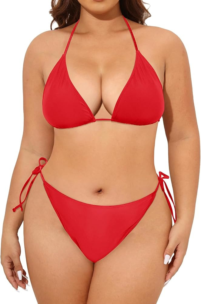 Tempt Me Women Plus Size Triangle Bikini String Two Piece Halter Tie Side Swimsuit | Amazon (US)