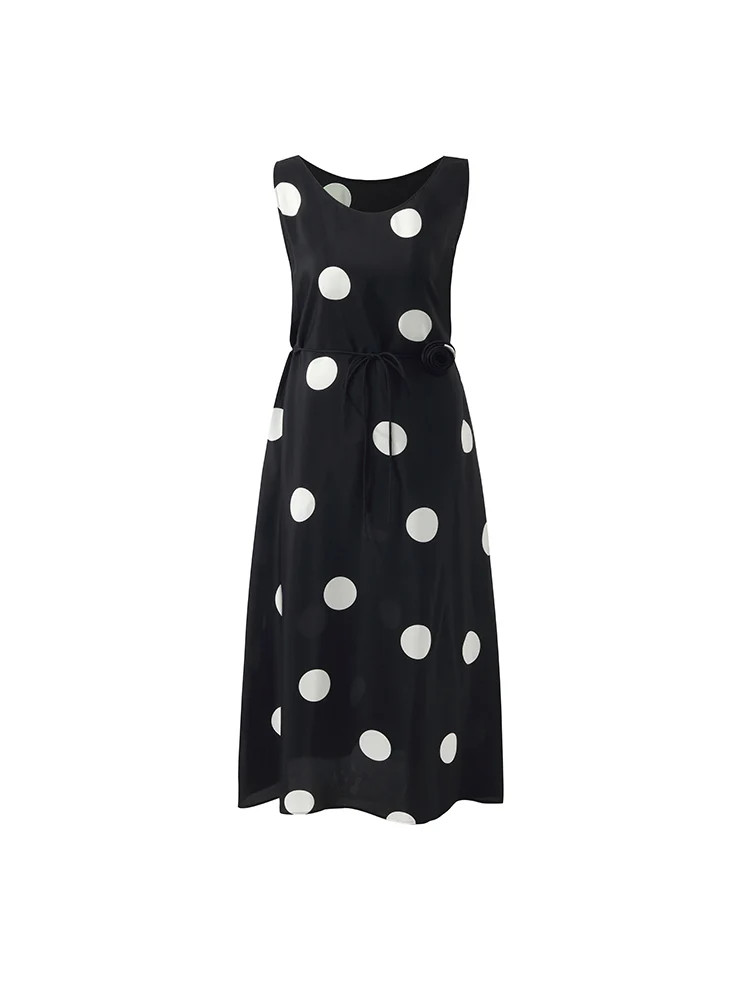 16 Momme Mulberry Silk Polka Dots Printed Women Vest Midi Dress With B | GOELIA