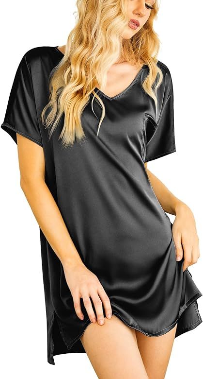 Ekouaer Women's Satin Nightgowns V Neck Side Split Sleepshirt Short Sleeves Sleepwear Chest Pocke... | Amazon (US)