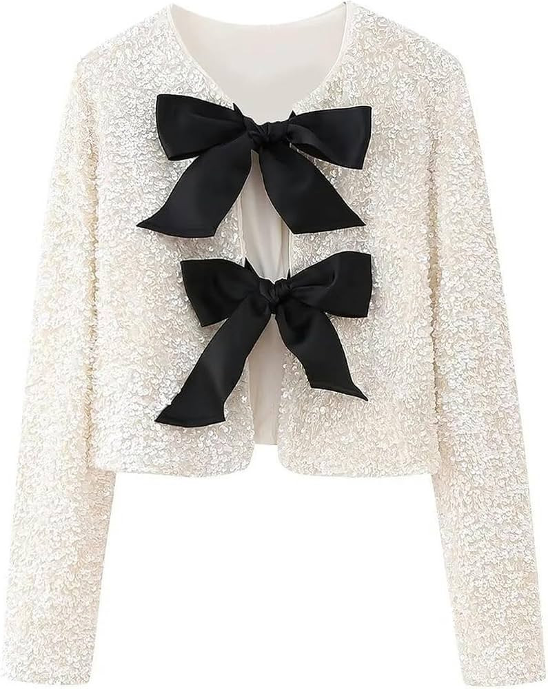 European and American Style Autumn Women's Bow tie Sequin top-White-M | Amazon (UK)