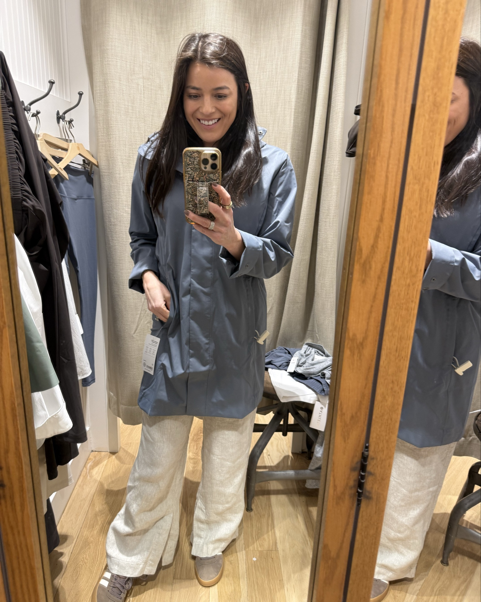 Loved this longer raincoat option from Athleta! Super pretty color. Styled with linen pants. Runs TTS. 

#LTKSeasonal #LTKSaleAlert