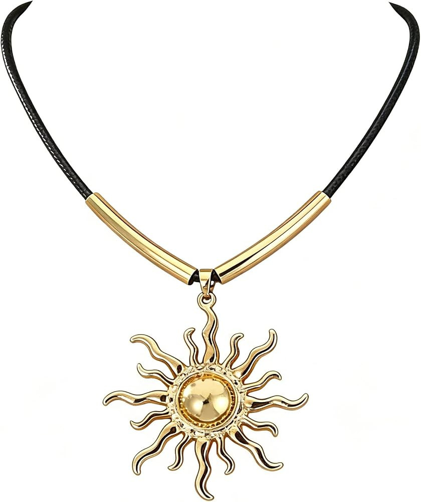 Boho Vibe Vintage Sun Pendant Necklace for Women, Black Leather Cord with Gold Plated Bar Chain, ... | Amazon (US)