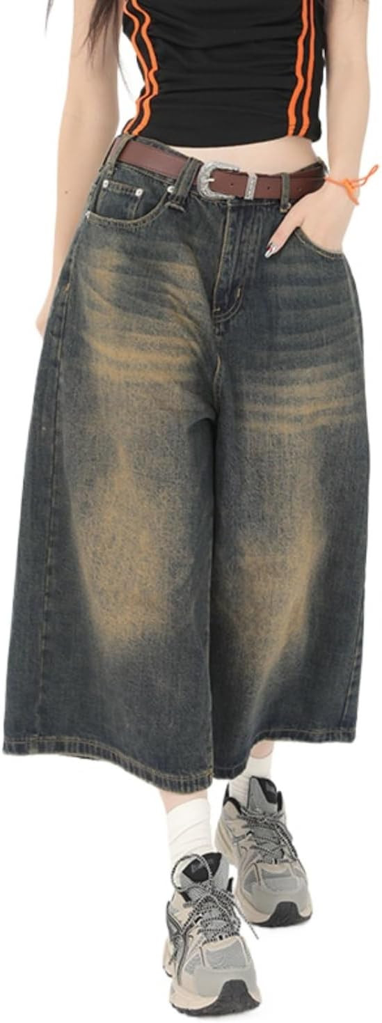 POHADON Women Y2k Baggy Jorts Vintage Wide Leg Long Jean Shorts Loose Fit Capri Denim Shorts Tren... | Amazon (US)