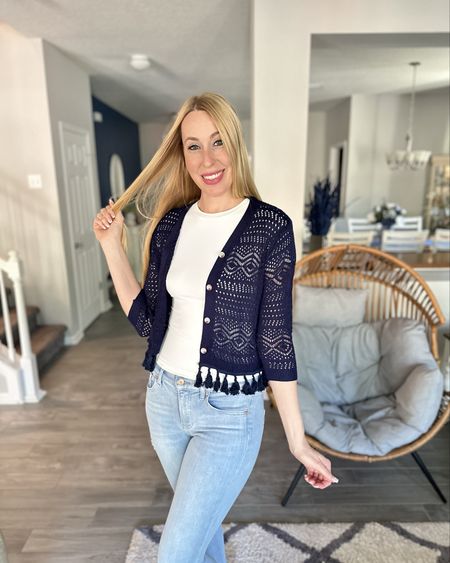 Crochet Knit Cardigan
🩵 I love the tassels and the light crochet design 
💙 loose fit and wearing size small, has some stretch 

#LTKfindsunder50 #LTKstyletip #LTKworkwear