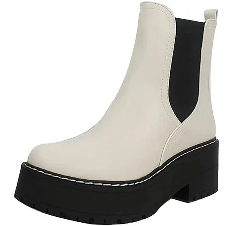 Soda Women Chunky Thick Lug Sole Heels Ankle Chelsea Boots Hidden Platform Elastic Sides Booties YOSSI-S White / Black 7.5 | Walmart (US)