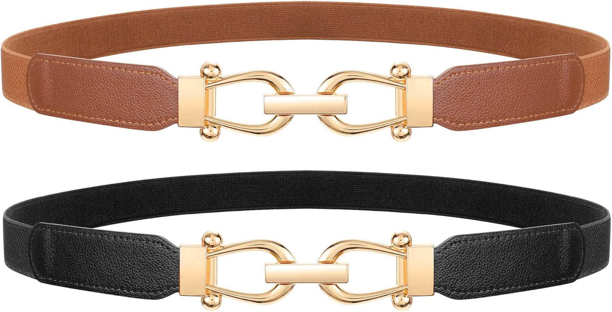 LEACOOLKEY 2 Pack Women Skinny Stretch Belts for Dress Elastic Thin Waist Belt with Gold Buckle f... | Amazon (US)