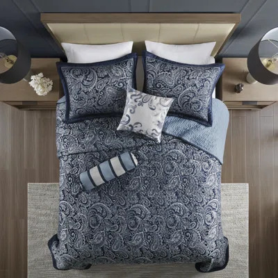 Navy Jacquard 5-piece Bedspread Set With Decorative Pillows - Queen | Wayfair North America
