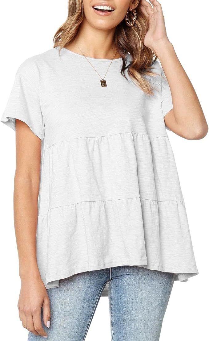 Defal Women's Summer Short Sleeve Loose T Shirt High Low Hem Babydoll Peplum Tops | Amazon (US)
