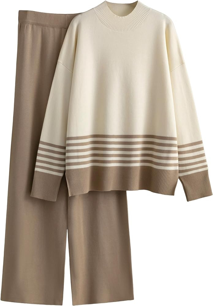 Women's 2 Piece Outfits Sweatsuit Knit Striped Pullover Top Wide Leg Pants Tracksuit Lounge Sets | Amazon (US)